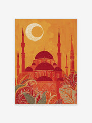 Stylised Islamic mosque with red domes, minarets, and crescent moon against an orange sky, with patterned foliage