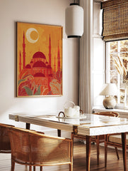 Stylised Islamic mosque with red domes, minarets, and crescent moon against an orange sky, with, in a styled room mockup