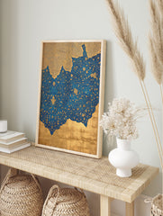 Intricate blue and gold Islamic wall art with detailed patterns and floral motifs, resembling a painting or print. - Image 3
