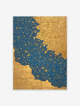 Intricate gold botanical patterns on a vibrant blue and gold Islamic wall art print, featuring a wavy dividing line.