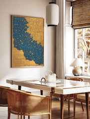 Intricate gold botanical patterns on a vibrant blue and gold Islamic wall art print, featuring a wavy dividing line. - Image 2