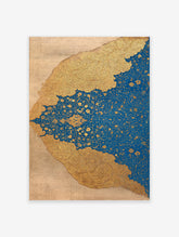 Ornate gold and blue Islamic wall art print with intricate floral motifs and textured gold paper overlay, Persian style.