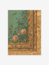 Islamic botanical wall art with pink peonies, green leaves, gold borders, and Arabic calligraphy on a teal background