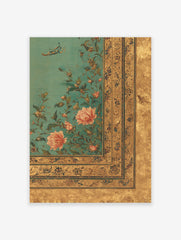 Islamic botanical wall art with pink peonies, green leaves, gold borders, and Arabic calligraphy on a teal background