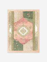 Islamic wall art print with a pink and green Persian prayer rug design, featuring a central floral medallion on a textured background.