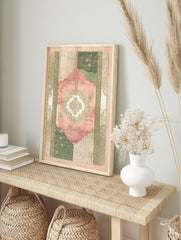 Islamic wall art print with a pink and green Persian prayer rug design, featuring a central floral medallion on a textured background. - Image 3