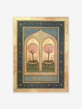 Islamic wall art print with two pink blossom trees in arched frames, gold details, dark blue border, and Arabic calligraphy.