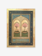 Islamic wall art print with two pink blossom trees in arched frames, gold details, dark blue border, and Arabic calligraphy.