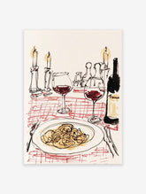 Italian dinner art print illustration of pasta, red wine, candles, and a checkered tablecloth on a white background.