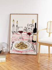 Italian dinner art print illustration of pasta, red wine, candles, and a checkered tablecloth on a white background. - Image 2