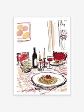 Illustrative print of a romantic Italian dinner table with spaghetti, wine, and candles, featuring red chairs.