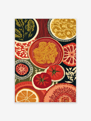 Illustrative Italian food art print with pasta bowl, sliced tomatoes, and greens in a woodcut style