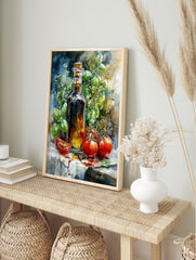 Italian Kitchen Poster of watercolor olive oil bottle, fresh green basil, and red tomatoes on a white surface. - Image 4