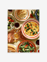 Top-down view of a Mediterranean dinner table with spaghetti, salad, bread, and wine in an illustrative style