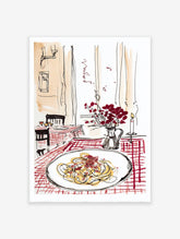 Illustration of an Italian restaurant scene with a plate of pasta, red checkered tablecloth, vase of berries, and candle.