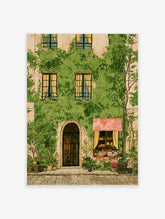 Illustrative print of an ivy-covered shop building with a red awning and potted plants on a cobblestone street