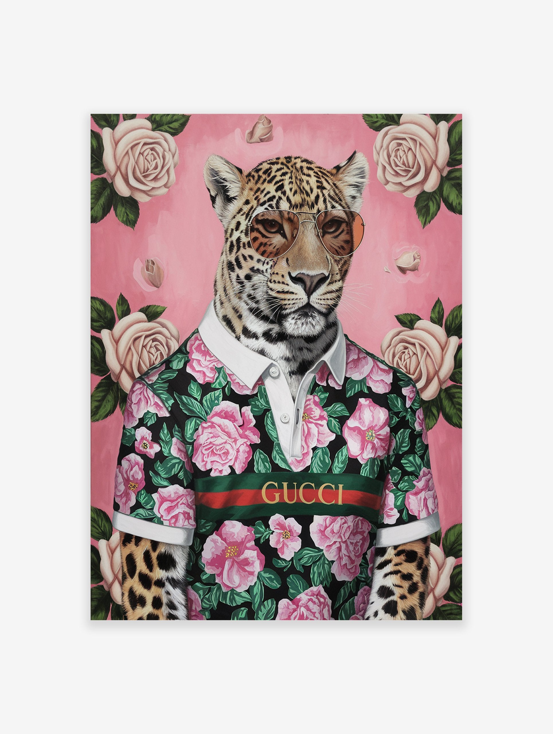 A stylish jaguar poster wearing a black floral shirt with pink roses and sunglasses, set against a pink background with white roses.