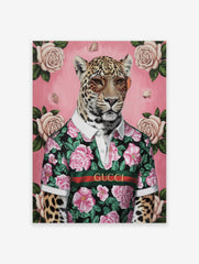A stylish jaguar poster wearing a black floral shirt with pink roses and sunglasses, set against a pink background with white roses.