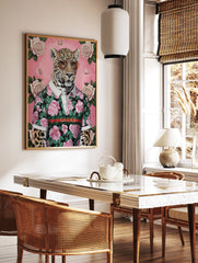 A stylish jaguar poster wearing a black floral shirt with pink roses and sunglasses, set against a pink background with white roses. - Image 2