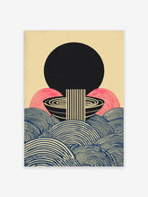 Japanese abstract poster with a large black sun, pink arches, black and blue striped waves, and a central minimalist noodle bowl design.