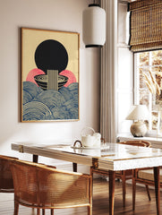Japanese abstract poster with a large black sun, pink arches, black and blue striped waves, and a central minimalist noodle bowl design. - Image 2