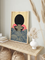 Japanese abstract poster with a large black sun, pink arches, black and blue striped waves, and a central minimalist noodle bowl design. - Image 4
