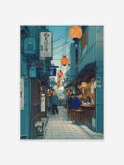 Japanese alleyway wall art with orange lanterns, izakaya counter, people dining, and blue buildings at night