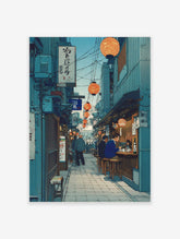 Japanese alleyway wall art with orange lanterns, street food stalls, people dining, and teal buildings
