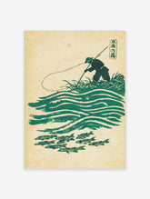 Japanese angler in conical hat fishing over green waves and school of fish in woodblock print style