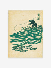 Japanese angler in conical hat fishing over green waves and school of fish in woodblock print style