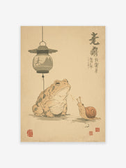 Traditional Japanese animal wall art featuring a toad and a snail beneath a hanging lantern with calligraphy.