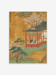 Japanese art poster depicting a traditional pavilion scene with two figures, white blossoms, pine trees, and green water.
