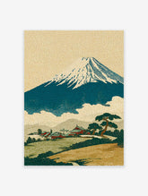 Traditional Japanese art print featuring Mount Fuji, a village, and pine trees with textured patterns.