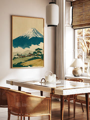Traditional Japanese art print featuring Mount Fuji, a village, and pine trees with textured patterns. - Image 2