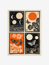 Japanese art print with four panels showing moon, sun, stars, butterflies, trees, and water in black, orange, and cream colors.
