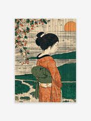 Japanese art print poster featuring a woman in a kimono with persimmon branches, mountains, and a setting sun in ukiyo-e style.