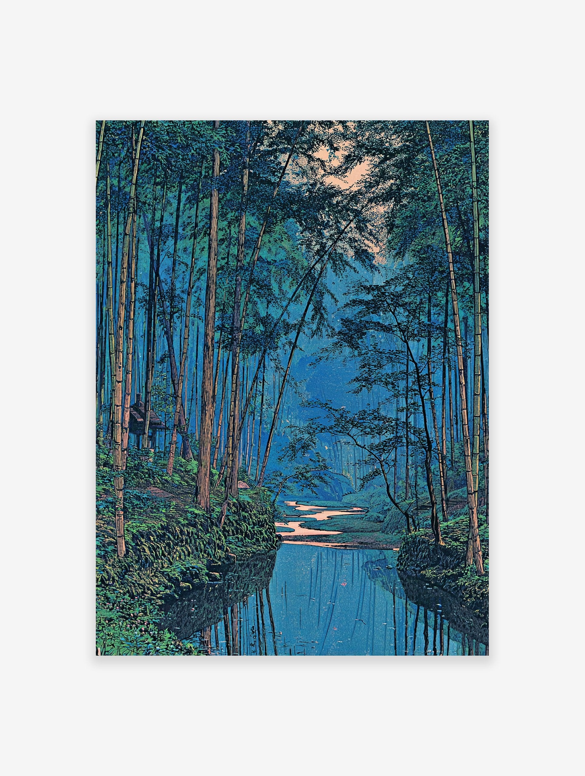 Japanese bamboo forest wall art with a blue river reflecting tall green trees and a small hut in the dense foliage.