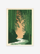 Japanese bamboo forest art print with green stalks, a river, and an orange sky. Traditional Asian landscape wall art.