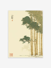Japanese bamboo wall art print with vibrant green leaves and golden stalks, featuring traditional calligraphy and red seals.