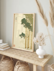 Japanese bamboo wall art print with vibrant green leaves and golden stalks, featuring traditional calligraphy and red seals. - Image 3