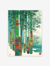 Japanese Bamboo Wall Art featuring decorative green and blue bamboo stalks with intricate patterns in a serene forest by water.