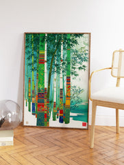 Japanese Bamboo Wall Art featuring decorative green and blue bamboo stalks with intricate patterns in a serene forest by water. - Image 2