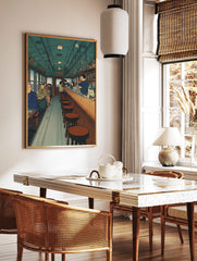 Illustrative Japanese bar car interior art print with patrons, bartender, and wooden bar in teal, in a styled room mockup