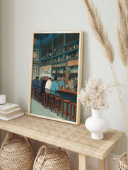 Japanese izakaya bar scene wall art with patrons at a counter and sake bottles, in a, in an alternate framed mockup