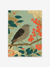 Japanese style bird poster with intricate illustration of a bird on a branch with green leaves and red berries.