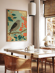 Japanese style bird poster with intricate illustration of a bird on a branch with green leaves and red berries. - Image 2