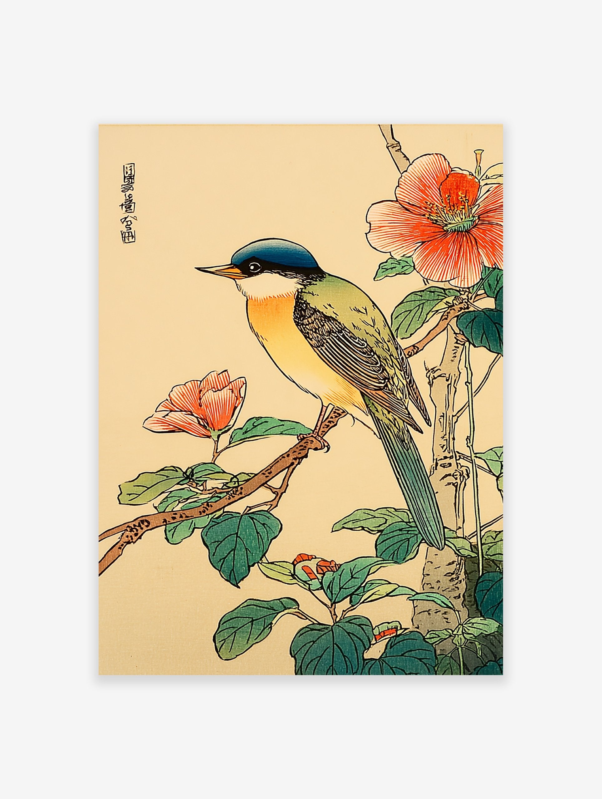 Japanese bird poster featuring a blue-headed, green and yellow bird on a branch with vibrant red flowers and green leaves.