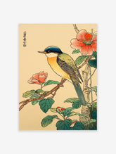 Japanese bird poster featuring a blue-headed, green and yellow bird on a branch with vibrant red flowers and green leaves.