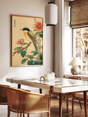 Japanese bird poster featuring a blue-headed, green and yellow bird on a branch with vibrant red flowers and green leaves. - Image 2