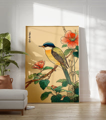 Japanese bird poster featuring a blue-headed, green and yellow bird on a branch with vibrant red flowers and green leaves. - Image 3
